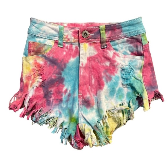 JC & JQ Tie Dye‎ Rainbow Fringed Shorts Junior Small Distressed 5 pocket - Picture 1 of 5